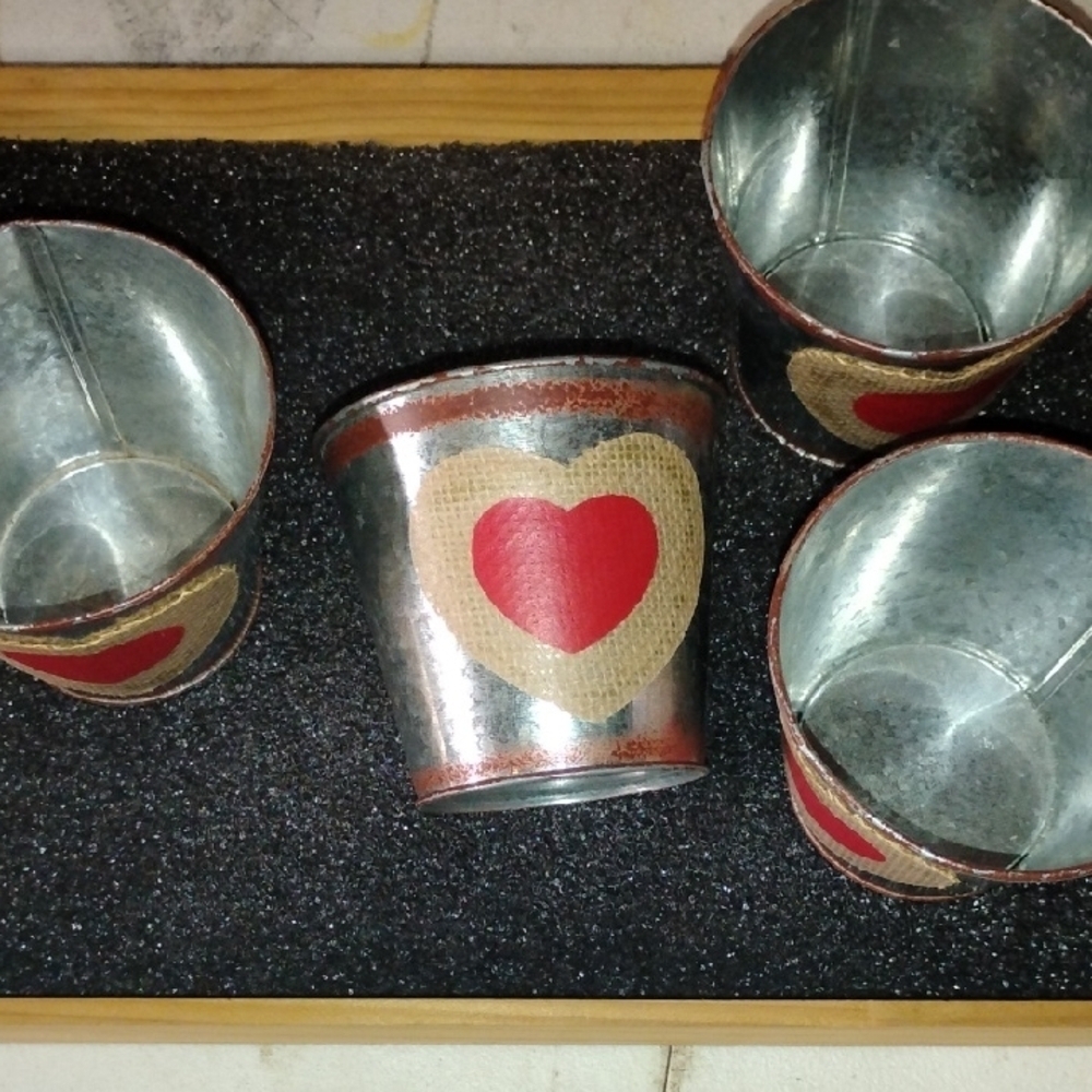 Set of Heart-Decorated Tin Buckets